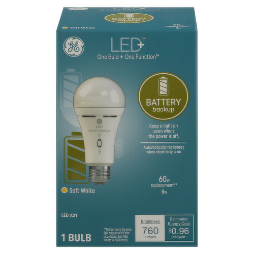 GE Light Bulb, Battery Backup, Soft White, 8 Watts