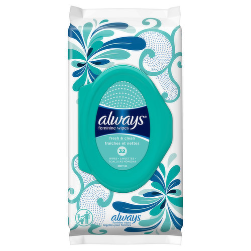 Get that just-showered-clean feeling wherever you are. Always Feminine Wipes are perfect for quick cleansing during your period, after long activity, or any time you just want to feel fresh. These feminine wipes are lightly scented to help you feel clean and fresh throughout the day. Available in soft packs or individually wrapped.