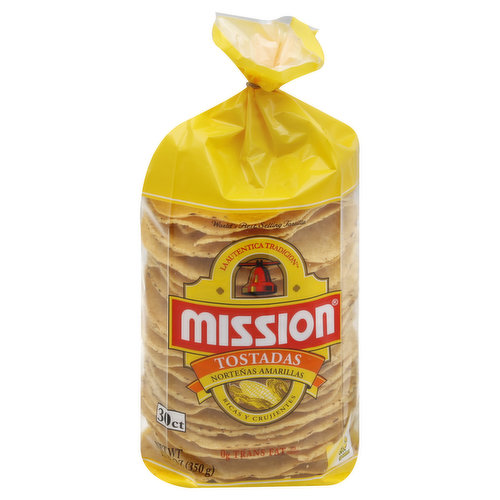 World's best selling tortilla. 0 g trans fat per serving. Crunchy and delicious, Mission Tostadas are a fast, mouth-watering solution for snacks, appetizers, and authentic Mexican dishes alike. Make an open-faced taco today with Mission Tostadas. Try these other fine Mission products: Flour Tortillas, Taco Shells, and our crispy Authentic Mexican Tortilla Chips in the original brown bag! Endless possibilities! Try Mission Baked Tostadas with toppings such as refried beans or mashed black beans, shredded pork, chicken, or beef, seasoned cooked ground beef, shrimp or shredded fish, or tuna salad. Then sprinkle on chopped onions, shredded lettuce and cheese, diced tomatoes, sliced fresh avocados, and hot sauce. There's no way to go wrong! For great recipe ideas, questions & comments, visit: missionmenus.com. Product of Mexico.