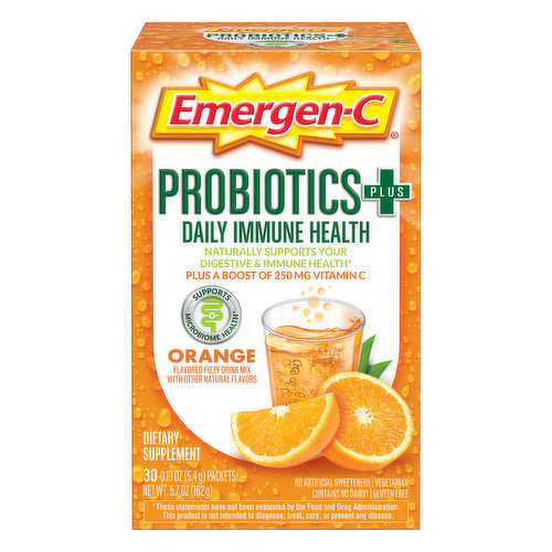 Naturally support your immune system and keep your gut in check with Emergen-C Probiotics+. Your gut is home to 70% of your immune system*, so a healthy, happy gut is important for immune support and nutrient digestion. Things like diet, stress, and travel can quickly throw off the balance of your microbiome*, but Emergen-C Probiotics+ is a delicious way to fortify your immune system at its core by adding good bacteria into your gut microbiome. This naturally flavored fizzy drink mix has L. Rhamnosus GG, the most scientifically studied probiotic strain, and BB-12 bacteria to help support your microbiome health and your body's natural defenses.* In this case, 1 billion each of L. Rhamnosus GG and BB-12 probiotic strains are just the right amount to provide digestive and immune health benefits.* Each packet is guaranteed to deliver 2 billion live active cultures through the expiration date. Plus, the antioxidant powers of Vitamin C help support your immune health every day.* Your body will be doubly grateful. (1) BB-12 is a trademark of Chr. Hansen (A/S) *These statements have not been evaluated by the Food and Drug Administration. These products are not intended to diagnose, treat, cure or prevent any disease.
