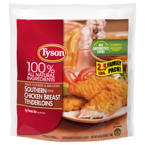Made with chicken raised with no antibiotics ever, Tyson Fully Cooked Southern Style Chicken Breast Tenderloins are made with all natural,* all white meat chicken with no preservatives, then breaded and seasoned to perfection. With 13 grams of protein per serving, these breaded chicken strips are sure to be a hit with the entire family. *Minimally processed, no artificial ingredients