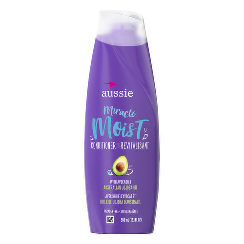 With avocado & australian jojoba oil Paraben free. Dry hair looking for a hydration miracle? We've got you covered! Our Miracle Moist Conditioner helps protect hair against breakage and hydrates, giving you hair amazing slip-through-your-fingers softness. Yay! Avocado & Australian Jojoba Oil. Yay! Aussome hair days. No way! Parabens no way! Hair stress. aussie.com. Follow us and share in the fun! (at)aussiehairusa. (hashtag)Aussomehair. Questions? 1-800-947-2656. Made in USA of US and/or imported ingredients.