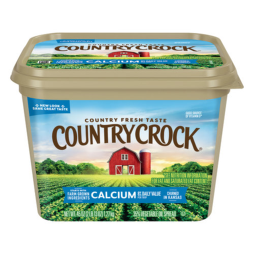 No artificial flavors. 8% daily value per tbsp. 0 g trans fat per serving. Gluten free. Good source of vitamin D (See nutrition information for fat and saturated fat content). Country Crock Per Serving: 45 calories; 5 g fat; 1.5 g sat fat; 0 mg cholest. Dairy Butter Per Serving: 100 calories; 11 g fat; 7 g sat fat; 30 mg cholest. See nutrition information for fat and saturated fat content. New look same great taste. Country fresh taste. Starts with farm grown ingredients. Churned in Kansas. Here at Country Crock we start with farm grown ingredients slow-churned in Kansas. Bring a taste of the country to your table. countrycrock.com. how2recycle.info. For questions/comments, visit us at: countrycrock.com. Country Crock is committed to sustainable palm oil for more information see countrycrock.com.