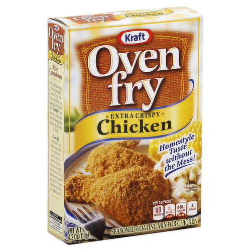Homestyle taste without the mess! Per 1/8 Packet: 60 calories; 0 g sat fat (0% DV); 440 mg sodium (18% DV); less than 1 g sugars. Homestyle taste without the mess! Skip the mess and give your family the great taste of fried chicken from the oven. With a savory blend of herbs and spices, Oven Fry makes perfectly delicious chicken every time. Our Commitment: The sizzling sounds and unmistakable aroma always told you when mom was making fried chicken. Now Oven Fry lets you enjoy that same mouthwatering taste without all the mess of frying. Oven Fry is prepared to the highest standards by people who know what you want in chicken - flavor, texture and convenience. We've made it easy to serve your family the same delicious memories you grew up with. Visit us at: kraftfoods.com. 1-800-431-1003 please have package available.