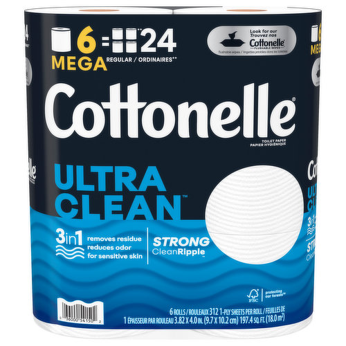 Get the superior clean you’ve been waiting for with Cottonelle Ultra Clean Toilet, designed to clean three ways in one. The soft, yet strong cleaning ripples are safe for sensitive skin and removes residue that can cause irritation and odor-causing bacteria. The Cadillac of 1-ply toilet paper, Cottonelle Ultra Clean toilet tissue is 3x stronger than the leading value brand in order protect your hands as you cleanup, and is still septic-safe and clog-free. Each Cottonelle Mega Roll has 312 sheets per roll so you can worry less about running out when you or guests at your home need it most. Looking for more ways to feel clean down there after taking care of business? Use Cottonelle flushable wet wipes to feel shower fresh 3x longer***. Conveniently remain stocked on toilet paper by ordering Cottonelle for delivery to your door or pickup curbside. Cottonelle cares about you and our planet. We are proud to be FSC certified ensuring the forests we source from are responsibly managed to prevent deforestation and help protect the trees and animals that depend on them. We also use fibers that are 100% plant-based and no harsh chemicals or dyes. *vs. leading value brand regular rolls **vs. leading value brand ***using dry + wet vs dry alone