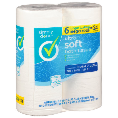 184.6 sq ft (17.03 sq m) total area. 284 2-ply sheets per roll. 3.9 in x 4.0 in (9.9 cm x 10.1 cm). 248 2-ply sheets per roll. 6 longer lasting mega rolls = 24 regular (Based on a regular-sized roll with 71 sheets). Luxurious softness. Extra absorbent. Septic safe. Compare to Charmin ultra soft bath tissue (This product is not manufactured or distributed by Procter & Gamble, owner of the registered trademark Charmin ultra soft). 4 rolls in one. Soft enough to use on your nose, yet strong enough for an extra comfortable clean. Be ready to experience a little luxury everyday with the cushiony soft, yet affordable ultra soft bath tissue from Simply Done. Safe for standard septic systems. Quality Guarantee: If you are not 100% satisfied, return our product for a full refund. www.bestsimplydone.com. Scan for more information or call 1-888-423-0139. FSC: Mix - From responsible sources. www.fsc.org.