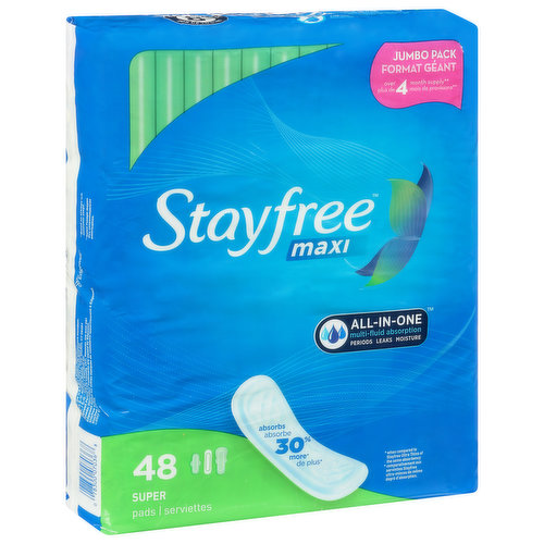 Over 4 months supply (Based on average U.S. consumer usage). age US Consumer usage). All-in-one. Multi-fluid absorption. Absorbs 30% more (when compared to Stayfree Ultra Thins of the same absorbency). Stayfree maxi; regular; super long; classic; overnight. Comfortably dry for up to 8 hours. 18 anti-leak channels help block leaks front to back, side to side.