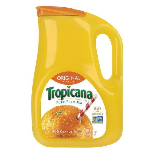 110 calories per 8 fl oz serving. Non GMO Project verified. nongmoproject.com. Never from concentrate. Settling is natural. Pasteurized. Questions or comments? Call 1-800-237-7799. Visit tropicana.com for more nutrition information. Please recycle. Contains orange juice from US and Brazil.