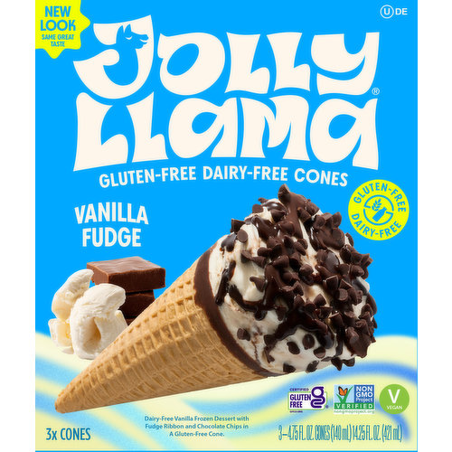 Jolly Llama Cones, Gluten Free & Dairy-Free, Vanilla Fudge Sundae