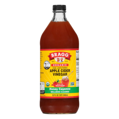USDA Organic. Certified Organic by Organic Certifiers. Gluten free. Non GMO Project verified. nongmoproject.org. Est. 1912. Raw-unfiltered. With the mother. Bragg Organic Apple Cider Vinegar (ACV). Enjoy all the health benefits of our raw, unfiltered ACV with our new Wellness Cleanse. The honey cayenne Wellness Cleanse is both functional and delicious - combining flavors from sweet honey, spicy cayenne and zesty lemon. ACV for your daily dose of wellness. www.bragg.com. Visit www.Bragg.com for health benefits and recipes. Protect our planet.