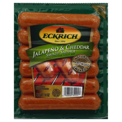 Made with pork, turkey, beef. Naturally hardwood smoked. US inspected and passed by Department of Agriculture. Since 1894. Recipes, questions or comments? Save this package and visit www.Eckrich.com or call 1-855-7675.