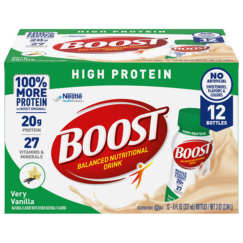 100% More protein vs boost original (Boost High Protein drink contains 20 g protein per serving compared to 10 g in Boost Original). 27 Vitamins & minerals. Muscle health & energy (Boost High protein drink contains 20 g protein for Muscle Health and 250 nutrient-rich calories with B-vitamins to help convert food to energy). Balanced nutritional drink to help you be your best! Key nutrients for immune support vitamins C & D, zinc, iron & selenium. Vitamins. Protein. Minerals. Immune Support: Discover key nutrients found in Boost nutritional drinks to help support the immune system. Boost Nutritional Drinks help you get more out of life today and tomorrow with tailored nutrition to help meet your needs. Suitable for lactose intolerance.