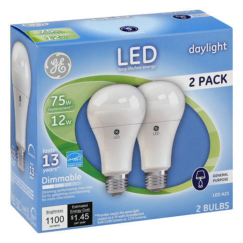 GE Light Bulbs, LED, A21, Dimmable, Daylight, 12 Watts, 2 Pack