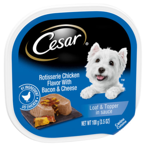 Dogs love the great taste of chicken, bacon and cheese! Now your dog can have their favorite flavors in a formula that provides a complete and balanced meal just for them. Cesar rotisserie chicken flavor with bacon and cheese loaf & topper in sauce Wet dog food trays are crafted without grains, and with US chicken as the #1 ingredient, to give dogs the nutrition they need in the delightful flavors they crave. Served in convenient trays with no-fuss, peel-away freshness seals, the CESAR Brand makes mealtime easy.