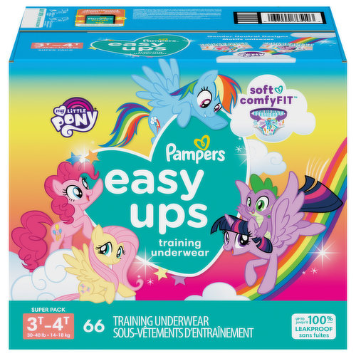 Make potty-training magical with My Little Pony Pampers Easy Ups Training Pants. Featuring all your favorite ponies, these super soft and comfy training pants fit just like real cotton undies with a 360 stretchy waistband that is gentle on your toddler’s skin and easy to pull up and down. Plus, they’re dermatologically tested, hypoallergenic and free of parabens and latex.* Just one of the many reasons Pampers is the #1 pediatrician recommended brand.When it comes to potty accidents, your toddler will be covered with up to 100% leakproof protection. To protect where leaks happen most, Pampers Easy Ups are made with Dual Leak-Guard Barriers around the leg cuffs while Extra Absorb Channels quickly work to absorb accidents and lock them away from your toddler's skin. And when it's time to take them off, Easy Tear Sides make removal and disposal a cinch.Potty-training is a journey and can take your toddler 90 days on average to catch on. So, Pampers Easy Ups makes it easy with each box containing a one-month supply of training pants. Available in sizes 2T-3T (16–34 lb), 3T–4T (30–40 lb), 4T–5T (37+ lb), 5T– 6T (41+ lb).*Natural rubber