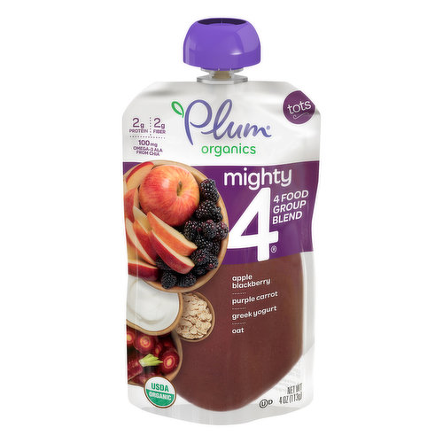 Apple blackberry. Purple carrot. Greek yogurt. Oat. 2 g protein. 2 g fiber. 100 mg Omega-3 ALA from chia. USDA Organic. Certified Organic by Oregon Tilth. Feed their curiosity. 4 food group favorites. 1 yummy snack. Our Recipe Has About: Fruit: 1/4 apple; 3 blackberries. Vegetables: 1/3 purple carrot. Grains: 1 tsp oats. Dairy: 1 tbsp greek yogurt plus a pinch of chia seeds & 4 tsp water. plumorganics.com.  Certified B Corporation. A mission-driven company that gives back. Non-BPA packaging.