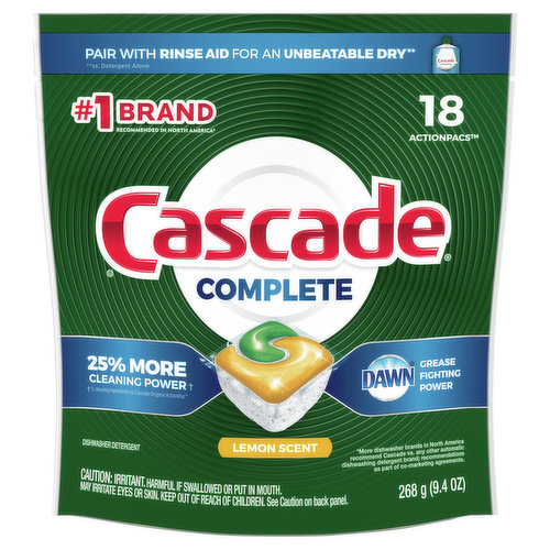 Pair with rinse aid for an unbeatable dry (vs. Detergent alone). No.1 brand recommended in North America (More dishwasher brands in North America recommended Cascade vs. any other automatic dishwashing detergent brand; recommendations as part of co-marketing agreements.). 25% more cleaning power (% cleaning ingredients vs. Cascade Original Action Pac). Dawn grease fighting power. No 1 brand. Recommended in North America (More dishwasher brands in North America recommend Cascade vs. any other automatic dishwashing detergent brand, recommendations as part of co-marketing agreements) GE Appliances. GE profile. Whirlpool. Maytag. Frigidaire. Samsung. KitchenAid. Kenmore. Electrolux. Cascade believes in the safety and quality of our products. Phosphate free. Good Housekeeping: Since 1909. Quality tested. Limited warranty. ghseal.com for details. www.cascadeclean.com. how2recycle.info. For more ingredient information visit www.cascadeclean.com 1-800-765-5516.