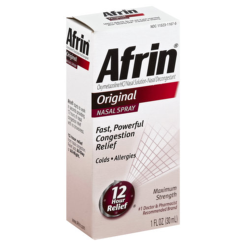 Other Information: Store between 68 to 77 degrees F (20 to 25 degrees C). Retain carton for future reference on full labeling.  Misc: Oxymetazoline HCl nasal solution-nasal decongestant. Fast, powerful congestion relief. Colds. Allergies. 12 hour relief. No. 1 doctor & pharmacist recommended brand. Afrin starts to work in seconds providing 12 hours of nasal congestion relief with no drowsiness. 12-hour relief from nasal congestion. Relief lasts all-day or all-night. www.Afrin.com. 100% recycled paperboard.