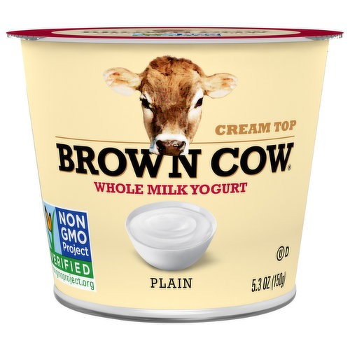 Cream top. Our Original Cream Top yogurt is rich and satisfying because we use only whole milk. This Brown Cow yogurt is sweetened with cane sugar, honey and maple syrup, and is made without the use of artificial growth hormones, artificial flavors or artificial sweeteners. rBST: Our farmers' pledge no artificial growth hormones used (The FDA has said no significant difference has been shown and no test can now distinguish milk from rBST treated and untreated cows).