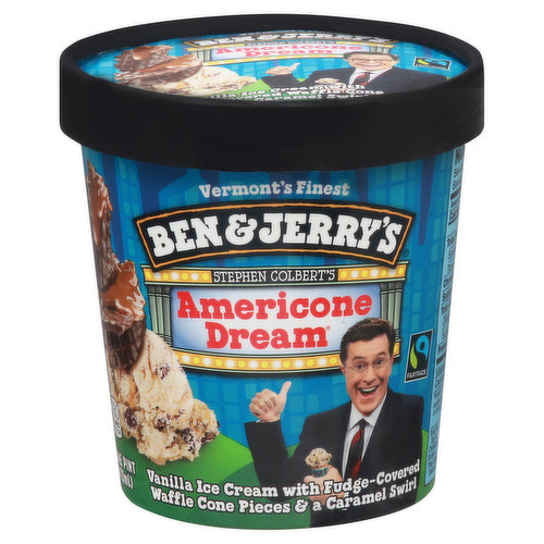 Vermont's finest. Stephen Colbert's. Founded in fudge-covered waffle cones, this caramel-swirled. Founded in fudge-covered waffle cones, this caramel-swirled concoction is the only flavor that gets a s'cream of approval from the The Late show host, Stephen Colbert. What's sweeter is this flavor supports charitable cause through The Stephen Colbert AmeriCone Dream fund. We strive to make the best possible ice cream in the possible way. We source Non-GMO ingredients, Fairtrade cocoa, sugar & vanilla, eggs from cage-free hens & milk & cream from happy cows. All cocoa, sugar and vanilla are traded in compliance with Fairtrade standards, total 56%, excluding water & dairy. Visit www.info.fairtrade.net. FSC Mix Packaging.