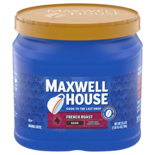 Maxwell House Dark French Roast Ground Coffee has a consistent signature taste that is good to the last drop. This intense and bold dark roast coffee is exceptionally smooth and aromatic and is the perfect start to your day. Made with coffee beans, this French roast coffee is great served black or with cream and sugar. Brew a pot of this Kosher coffee in any drip coffee maker. The 25.6-ounce resealable canister of ground coffee locks in flavor in between uses. From lively light roasts to full bodied dark blends, Maxwell House's signature taste is created through a process that isn't done the easy way, but the right way, for 125 years.