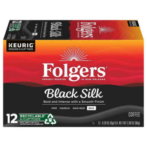Slip into satisfaction with a delicious Folgers dark roast coffee that tastes and feels as luxurious as it sounds. Folgers Black Silk coffee is a select line of exceptional dark roast coffee that was carefully crafted by our experienced roast masters. Every sip delivers a distinctive blend of bold and smooth flavors that’s sure to please. And because it’s conveniently packaged in genuine K-Cup pods, you can enjoy this indulgent dark coffee with the touch of a button when you brew it in your Keurig coffee maker. Stock up on Folgers Black Silk now to help make every morning feel a little smoother.
