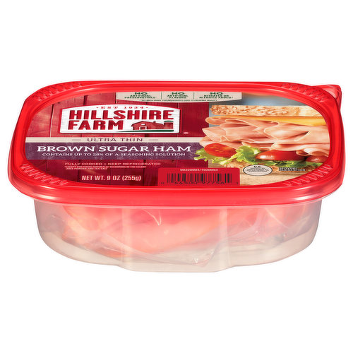 Enjoy premium sliced ham lunch meat with Hillshire Farm Ultra Thin Sliced Brown Sugar Ham Deli Meat. Made with slow cooked brown sugar and no artificial flavors, our sweet ham is 97% fat-free. Fully cooked and ready-to-eat, simply serve this sliced deli meat with cheese, tomatoes and lettuce on Italian bread for a delicious sandwich. This package is double-sealed for absolute freshness.