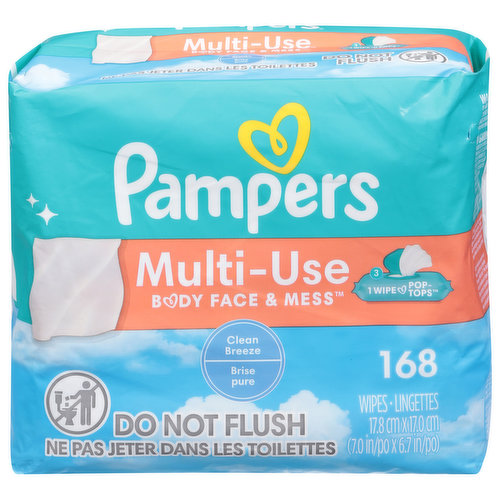 17.8 cm x 17.4 cm (7.0 in x 6.8 in). 1 wipe pop-tops. Body, face & mess wipes. Hypoallergenic. 0% parabens & latex (Natural rubber). Multi-use wipes. Designs inside may vary. Contains 3 package liners of 56 wipes each. Package liners are not intended for individual retail sale. Alcohol (contains no ethanol or rubbing alcohol) free wipes. Treat yourself to a fresh experience with Pampers Expressions wipes. Out wipes are clinically proven mild and hypoallergenic and provide a gentle clean with a fragrant finish. Skin Health Alliance: Dermatologist approved. Pampers.com. Pampers Club: Download. Enter. Save. Valid in the US, Canada & PR. Want to know more about the materials we use? Visit pampers.com. Questions? 1-800-380-2583. Dispose of properly. Made in USA from domestic and imported materials.