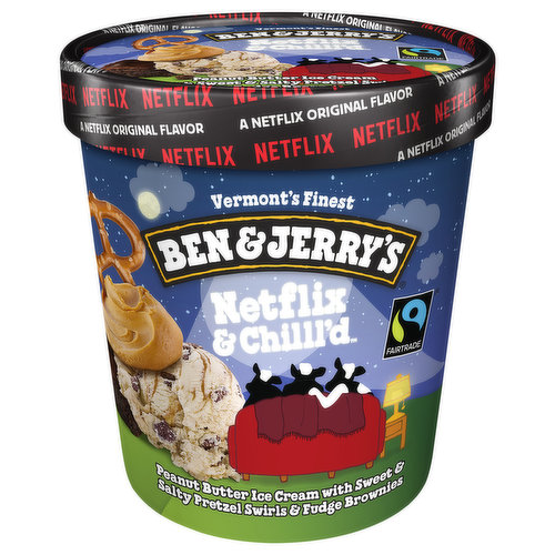 Ben & Jerry's Peanut butter ice cream with sweet & salty pretzel swirls and fudge brownies. We’ve teamed up with Netflix to churn up something extra special! And just like your Netflix queue, there’s something in this pint for everyone. Ready to chillax like never before? When you pop open a pint of Ben & Jerry's Netflix & Chilll’d ice cream, your euphoric flavor adventure begins. Whether you’re streaming a laugh-out-loud comedy, an edge-of-your-seat drama, or a hey-I-didn’t-know-that documentary, it’s incomplete without a tasty treat and a few of your favorite friends. And with the perfect balance of sweet, salty, and fudgy, Netflix & Chilll'd ice cream is the ideal flavor accompaniment for all your favorite Netflix shows. Follow the sweet and salty pretzel swirls like you follow the plot twists of your favorite drama, or dig out a fudge brownie every time you laugh out loud at that new comedy special. With a spoon and your remote in hand, there’s nothing but euphoria in your future. Go forth and chillax, flavor warrior. Netflix & Chilll’d ice cream is made with non-GMO sourced ingredients, including Fairtrade Certified cocoa, sugar, and vanilla. We use eggs from cage-free hens, and it all comes packaged in responsibly sourced packaging. Now that’s something you can feel wonderful about!