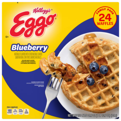 Naturally flavored with other natural flavors. Per 2 Waffles: 180 calories; 1.5 g sat fat (8% DV); 370 mg sodium (16% DV); 6 g total sugars. 9 vitamins and minerals. Homemade taste kids love. A Waffully good joke: Q: How does a waffle hold syrup? A: In its pockets. How to Eggo (It's super easy). Colors and flavors from natural sources. how2recycle.info. kelloggs.com. Facebook.com/Eggo. Questions or comments? Visit kelloggs.com. Call 1-800-962-1413. Provide production code on package. Kellogg's Family Rewards: Collect points. Earn rewards. Two easy ways to collect points! Go to kfr.com to learn more. Give me a try, too! Kellogg's Eggo Minis Pancakes. Certified 100% recycled paperboard.