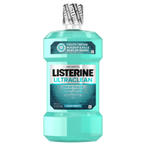 Give your mouth a powerful, dentist-clean feeling with Listerine Ultraclean Cool Mint Antiseptic Mouthwash for bad breath and tartar control. Listerine Ultraclean mouthwash is clinically proven to fight tartar buildup & kill 99.9% of germs that cause bad breath, plaque, and gingivitis and provides up to 3x longer lasting clean feeling versus brushing alone. This oral care mouthwash helps maintain healthy gums and fresh breath with an added anti-tartar ingredient for cleaner teeth. The refreshing Cool Mint flavor of this daily oral rinse combined with Listerine Everfresh technology will keep your breath fresh and your mouth feeling clean up to three times longer than brushing alone. Accepted by the American Dental Association (ADA), achieve maximum results by rinsing with this antiseptic mouthwash for 30 seconds twice a day, both morning and night.