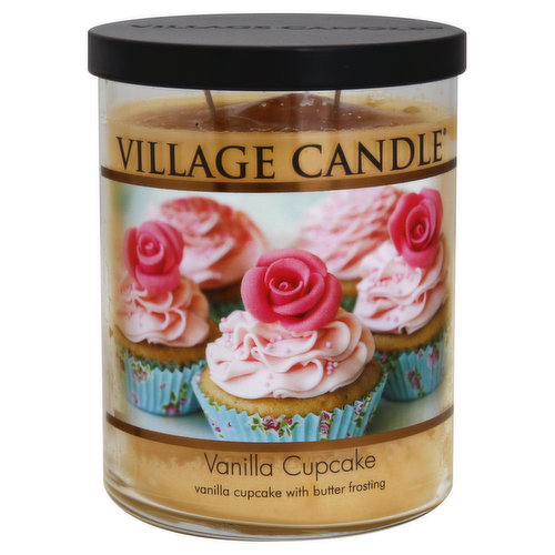 Vanilla cupcake with butter frosting. 18 fl oz. Approx. burn time is up to 85 hours. www.villagecandle.com. Made in Wells, Maine USA.