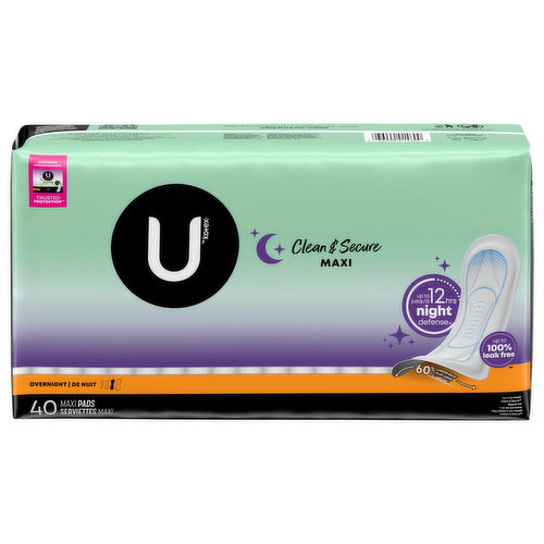 U by Kotex Pads, Clean & Secure, Maxi, Overnight - Brookshire's