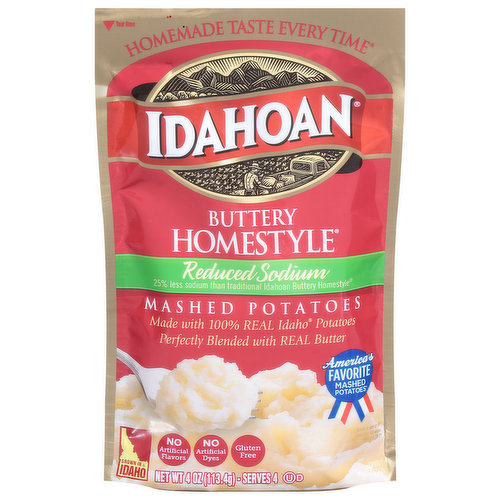 Whip up delicious, rich mashed potatoes in minutes with Idahoan® Buttery Homestyle® Reduced Sodium Mashed Potatoes! Our mashed potatoes are always made with 100% real Idaho® potatoes. Perfect for a variety of wholesome recipes, Idahoan Buttery Homestyle Reduced Sodium Mashed Potatoes are easy to prepare and ready in minutes. Simply heat water on stovetop or in a microwave, add the entire pouch of mashed potatoes, and voilà! Each four ounce pouch has four half-cup servings. Our mission of innovation will continue to bring you quality 100% real Idaho potatoes in all the ways you love.  Whether it’s quality mashed potatoes, casseroles or hash browns, in a pouch, cup or more, Idahoan Foods will continue to bring you Homemade Taste—Every Time.