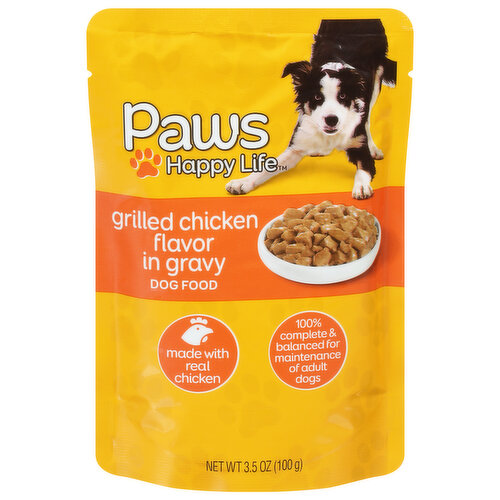 Calorie Content (ME Calculated): 825 kcal/kg; 83 kcal/pouch (3.5 oz) Paws Happy Life Grilled Chicken Flavored in Gravy Dog Food is formulated to meet the nutritional levels established by the AAFCO dog food nutrient profiles for maintenance.