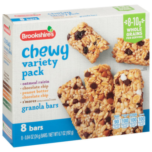 Since 1928. Chewy Variety Pack: Oatmeal raisin; chocolate chip; peanut butter chocolate chip; s'mores naturally & artificially flavors granola bars.