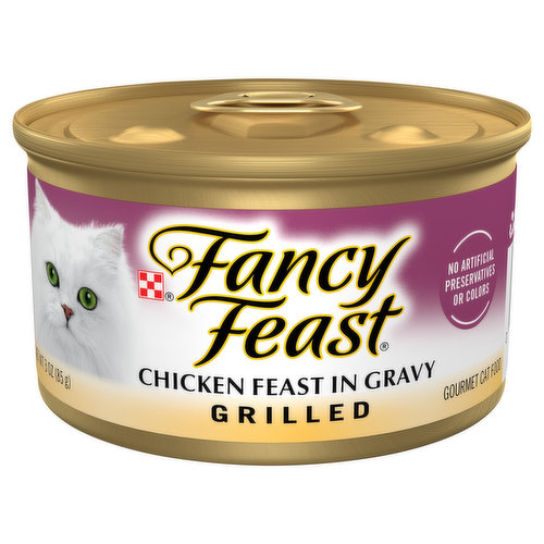 Let Fancy Feast delight your cat with an exceptional mealtime experience every time you open a can of Fancy Feast Grilled Cat Food Chicken Feast in Gravy Cat Food. Crafted in partnership with our expert chefs and nutritionists, this protein-rich, wet food for cats features the irresistible taste of real chicken while delivering 100 percent complete and balanced nourishment. Also included in this flavorful, high-quality soft cat food is a blend of vitamins and minerals to support your cat’s whole-body health and a light, savory cat food gravy to tempt their tastebuds. This premium canned cat food recipe is made without artificial colors or preservatives, so you know your cat is getting everything they need and nothing they don’t. Show your cat how much you care with a can of Grilled Fancy Feast wet cat food and watch them savor the spellbinding aroma, enticing texture and delectable flavor sensation down to the very last bite.