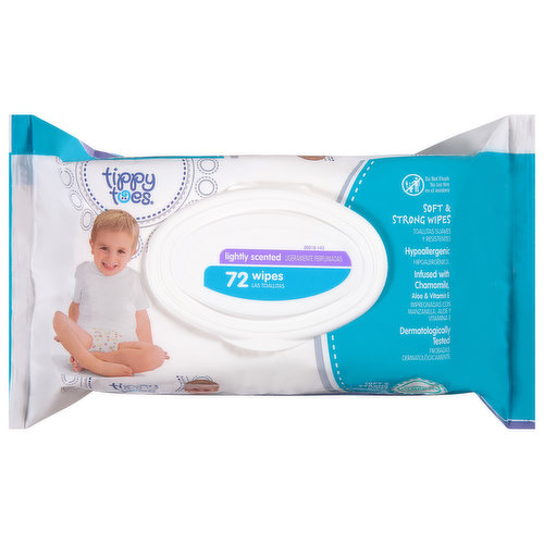 6.8 x 7.0 in (17.3 x 17.8 cm). Hypoallergenic. Infused with chamomile, aloe & vitamin E. Dermatologically tested. Compare to Pampers Wipes (All product and company names are trademarks or registered trademarks of their respective holders. Use of them does not imply any affiliation with or endorsement by them). Quality Guaranteed: This product is laboratory tested to guarantee it is of the highest quality. Your total satisfaction is guaranteed. tippytoesbrand.com. Scan for more information or call 1-888-423-0139. Dispose of properly.