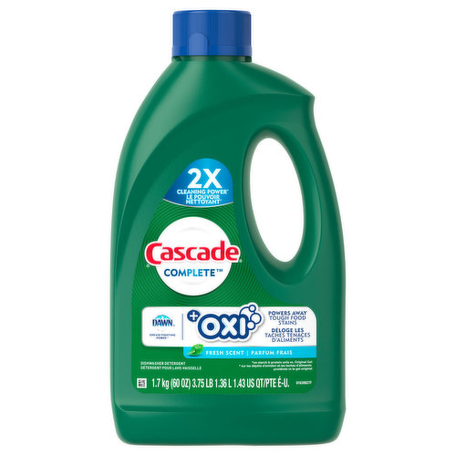 2x cleaning power (On starch & protein soils vs Original Gel). Dawn grease fighting power. Oxi powers away tough food stains. No. 1 brand. Recommended in North America (More dishwasher brands in North America recommended Cascade vs. any other automatic dishwashing detergent brand; recommendations as part of co-marketing agreements). Toughness Comparison: Original Gel: Tougher than greasy messes; powers away residue. Complete Gel: Tougher than greasy messes; powers away residue; powers away 24 hr stuck on food; brilliant shine. Complete Oxi Gel: Tougher than greasy messes; powers away residue; powers away 24 hr stuck on food; brilliant shine; powers away tea stains. Platinum Actionpac: Tougher than greasy messes; powers away residue; powers away 24 hr stuck on food; brilliant shine; powers away tea stains; tougher than burn on messes. Phosphate free. Safe for septic tanks.