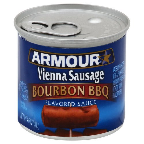 Inspected for wholesomeness by US Department of Agriculture. Aluminum recyclable. Armour Bourbon BBQ Flavored Vienna Sausages have a thick, rich bourbon flavored barbecue sauce that is seasoned to perfection and bursting with flavor! Enjoy them as a ready to eat snack, or add them to your favorite dishes. For great Armour recipes, visit www.Armour-Star.com. Questions or comments? 1-800-528-0849. www.Armour-Star.com. Gluten free. Fat content has been reduced from 10 g to 6 g per serving. Recyclable aluminum. Satisfaction guaranteed. Recyclable aluminum. Made with chicken - beef and pork added. In bourbon barbecue sauce. Hickory smoke flavor added. Made in USA.