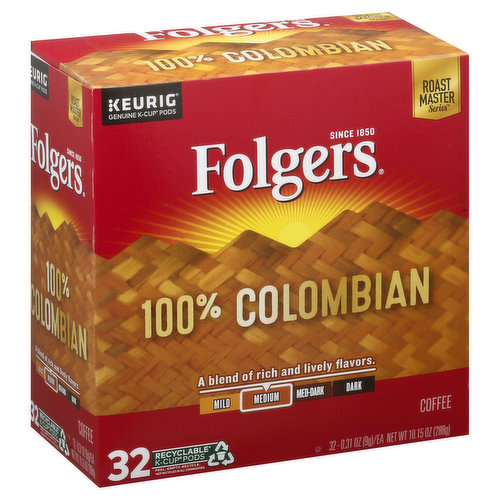 Since 1850. 100% colombian. A blend of rich and lively flavors. Roast Master Series: A select line of exceptional coffee blends carefully by our experienced Roast Masters 100% Colombian coffee delivers rich and lively flavor that's crafted with care. Discover the delightful difference of Folgers in every cup. Keurig genuine K-Cup Pods: Only genuine K-cup pods are optimally designed by Keurig for your Keurig coffee maker to deliver the perfect beverage in every cup. To learn more, visit Keurig.com/GenuineK-CupPod. Enjoy the trusted taste of Folgers spend more time enjoying your favorite cup of Folgers coffee with our Keurig K-Cup pods. Rich, pure flavor and classic aroma you love, conveniently brewed with the touch of a button. It's the perfect way to start your day. folgers.com. www.Keurig.com. how2recycle.info. For more information about The Folger Coffee Company products contact: The Folger Company Company Orrville, OH 44667 USA 1-800-937-9745 / folgers.com. For brewer inquiries contact: Keurig Green Mountain, Inc. 1-866-901-Brew / 1-866-901-2739 www.Keurig.com. Find us on Facebook.com/Keurig or Twitter.com/Keurig. This carton is made with recycled material. Recyclable (not recycled in all communities). Peel: Starting at puncture, peel lid and dispose. Empty: Compost or dispose of grounds (filter can remain). Recycle: Check locally (not recycled in all communities) to recycle empty cup. Visit Keurig.com/recyclable to learn more. Please recycle.