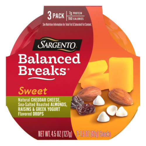 Natural cheddar cheese, sea-salted roasted almonds, raisins & Greek yogurt flavored drops. 7 g protein. 190 calories. Our family's passion is cheese. Lou & Louie Gentine. 2nd & 3rd Generations Sargento Owners. sargento.com/balancedbreaks. Questions or Comments: Please call Sargento Consumer Affairs at 1-800-Cheeses (1-800-243-3737) from 9a.m to 4p.m. (Central Time), Monday-Friday. Please provide the freshness date on the package and the UPC bar code numbers. To learn more about our family of Balanced Breaks, go to sargento.com/balancedbreaks.