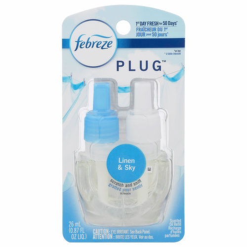 1st day for 50 days (on low). Scratch and sniff. Formulated with: No dyes; no phthalates; no formaldehyde. Low Level Indicator: Blue light flashes when it might be time to refill. Febreze warmer has a blue light that: Flashes twice when first plugged in to show it's working. Flashes continuously when it may be time for a new refill. Terracycle: Recycle at terracycle.com.