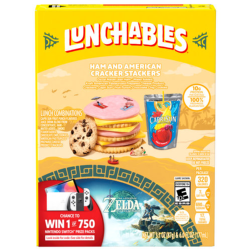 Fun pack. Please recycle this carton. Chance to win 1 of 750 Nintendo Switch prize packs. Look inside for code - See side for details. No purchase necessary. Many will enter, few will win. A purchase will not increase your chances of winning. Legal residents of the 50 U.S., D.C., and Puerto Rico 6 years and older. Void where prohibited. Instant win game end 5/31/23. For official rules, alternate method of entry, prize description and odds disclosure, visit www.lunchablesssweepstakes.com. Sponsor: Kraft Heinz Foods Company, 200 E Randolph, Chicago, IL 60601. Nintendo is not a sponsor, co-sponsor or administrator of this sweepstakes. Nintendo trademarks and copyrights are properties of Nintendo.