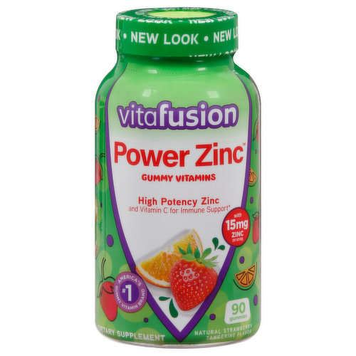 New look. High potency zinc and vitamin C for immune support. No. 1 America's gummy vitamin brand. To ensure quality and potency through expiration, this dietary supple manufactured with higher active in levels than the Indicated Amount Per Serving. Take only as directed Do not exceed suggested dosage. If you have a medical condition, are on medication, are pregnant or nursing or have questions regarding your nutritional needs, consult a qualified healthcare professional before using this product. An Individual's need for this product may be met through a varied and well balanced diet. Do not use if the inner seal is broken or missing This product may settle during shipping. Store in a cool. dry place. Colors will darken over time. This does not alter the potency of the product. The ChefsBest Excellence Award is awarded to brands that surpass quality standards established by independent professional chefs. Vitafusion. Power Zinc. Fuses together high potency Zinc plus 270mg of vitamin C per serving for immune support all in a delicious natural strawberry tangerine flavored gummy! Supporting your immune health has never been so easy or tasty! No high fructose corn syrup. No synthetic FD&C dyes. Our Commitment: Certified renewable energy. Green-e. Made with 100% certified renewable electricity. Growing Communities with Fruitful Planting: Our Vitafusion team believes in holistic wellness and realizes that it's more than just taking good vitamins. That's why we teamed up with the Fruit Tree Planting Foundation to plant 200,000 fruit trees by 2020 in underserved communities. Together we are committed to producing nutrient-rich fresh fruit, sustainable lifestyles and happy, healthy communities now and for generations to come. Join our mission vitafusion.com.