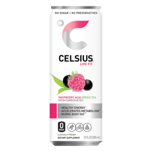 Celsius Energy Drink, Raspberry Acai + Green Tea, Non-Carbonated