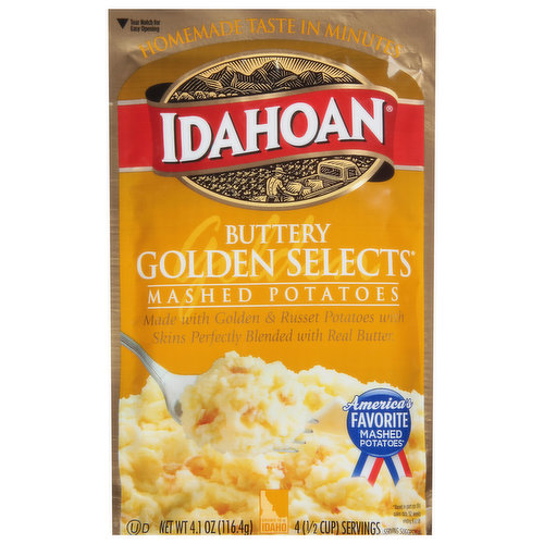 Whip up delicious, rich mashed potatoes in minutes with Idahoan Buttery Golden Selects® Mashed Potatoes! Our mashed potatoes are always made with 100% real Idaho® potatoes. Perfect for a variety of wholesome recipes, Idahoan Buttery Golden Selects Mashed Potatoes are easy to prepare and ready in minutes. Simply heat water on stovetop or in a microwave, add the entire pouch of mashed potatoes, and voilà! Each 4.1oz pouch with four half-cup servings. Our mission of innovation will continue to bring you quality 100% real Idaho potatoes in all the ways you love. Whether it’s quality mashed potatoes, casseroles or hash browns, in a pouch, cup or more, Idahoan Foods will continue to bring you Homemade Taste—Every Time.