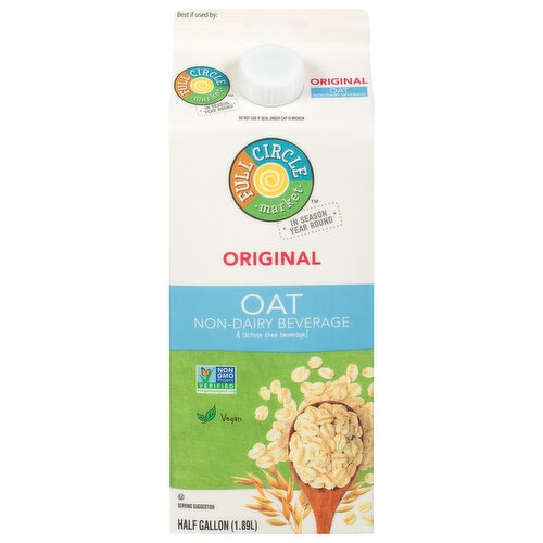 In season year round. Our Story: We believe in pairing the simple goodness of nature with delicious, market-inspired flavors and delivering that quality to your neighborhood grocer. With Full Circle Market, better choices and affordable prices are always In Season Year Round. Our Oat Beverage: Rich, creamy with essential vitamins and minerals, our oat beverage is the perfect lactose free option for smoothies, shakes, over cereal or when you bake. It's a delicious way to enjoy goodness guilt free. No preservatives. Please recycle.