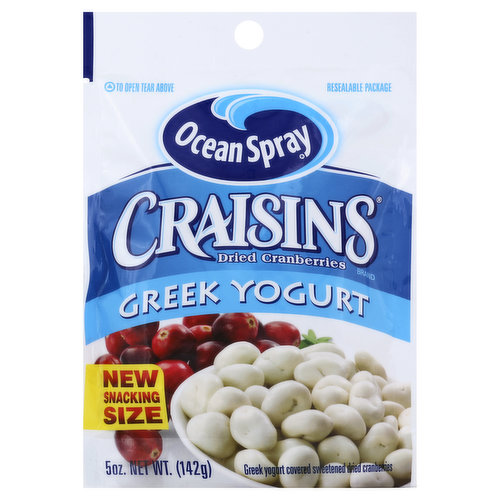 New snacking size. Resealable package. Greek yogurt covered sweetened dried cranberries. A satisfying snack that's perfect at home or on the go. Treat yourself to Ocean Spray Greek Yogurt covered Craisins Dried Cranberries! We've taken the Craisins Dried Cranberries you love and dipped them in real Greek yogurt for a snack you can feel good about giving your whole family. For recipes and information about all our great Craisins Dried Cranberries products, visit us at www.craisins.com.