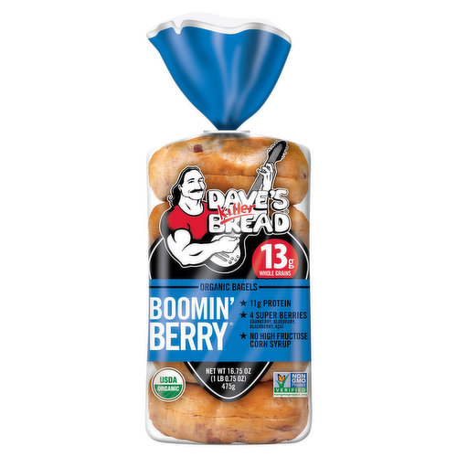 Dave's Killer Bread® Boomin' Berry® Bagels are USDA organic bagels bursting with berry flavor sure to start your day off with a bang! 11g protein and 13g of whole grains per bagel. These Non-GMO Project Verified berry bagels are boomin' with delicious super berries and fruit swirls, including cranberry, blueberry, blackberry, and açai—not to mention no high-fructose corn syrup, no artificial preservatives or ingredients. You can trust Dave's Killer Bread® to deliver killer taste, texture and whole grain nutrition. Boomin' Berry® Bagels are pre-sliced and ready to be slathered in smooth cream cheese or butter to help you build a better breakfast.The story of Dave’s Killer Bread® began at the Portland Farmers Market, when Dave Dahl and his nephew brought some loaves of Dave's bread to sell. For Dave, this marked the beginning of a new chapter in his life. Though he grew up in a family of bakers, his life took a different path. A path that landed him in prison for 15 years. Determined to prove his worth and make a positive impact, Dave worked tirelessly to bake breads that tasted unlike anything else on the market — packed with seeds and grains, made with only the very best organic and Non-GMO Project Verified ingredients. Dave’s Killer Bread® believes everyone is capable of greatness. One in three of the company's employee partners at their Milwaukie, OR bakery has a criminal background—but your past doesn't define your future. As a proud Second Chance Employer, Dave’s Killer Bread® truly believes everyone deserves a second chance to become a Good Seed.